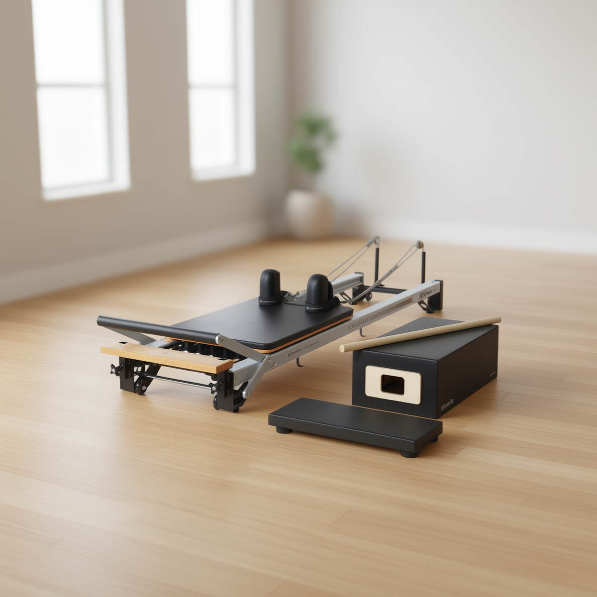 Merrithew SPX Max Reformer Bundle with a reformer box and accessories on a wooden floor
