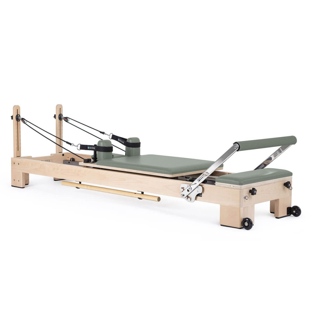 Elina Pilates Lignum Reformer in grey-green upholstery, side view on a white background