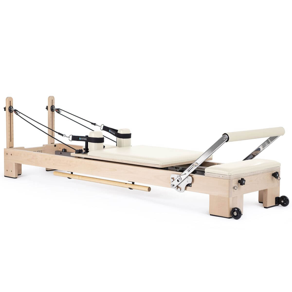 Elina Pilates Lignum Reformer in cream upholstery, side view on a white background