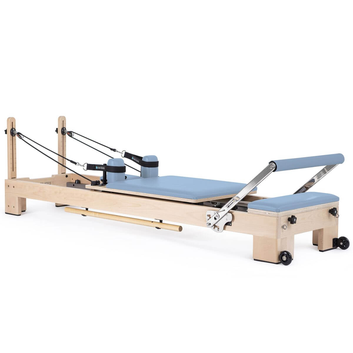 Elina Pilates Lignum Reformer in light blue upholstery, side view on a white background