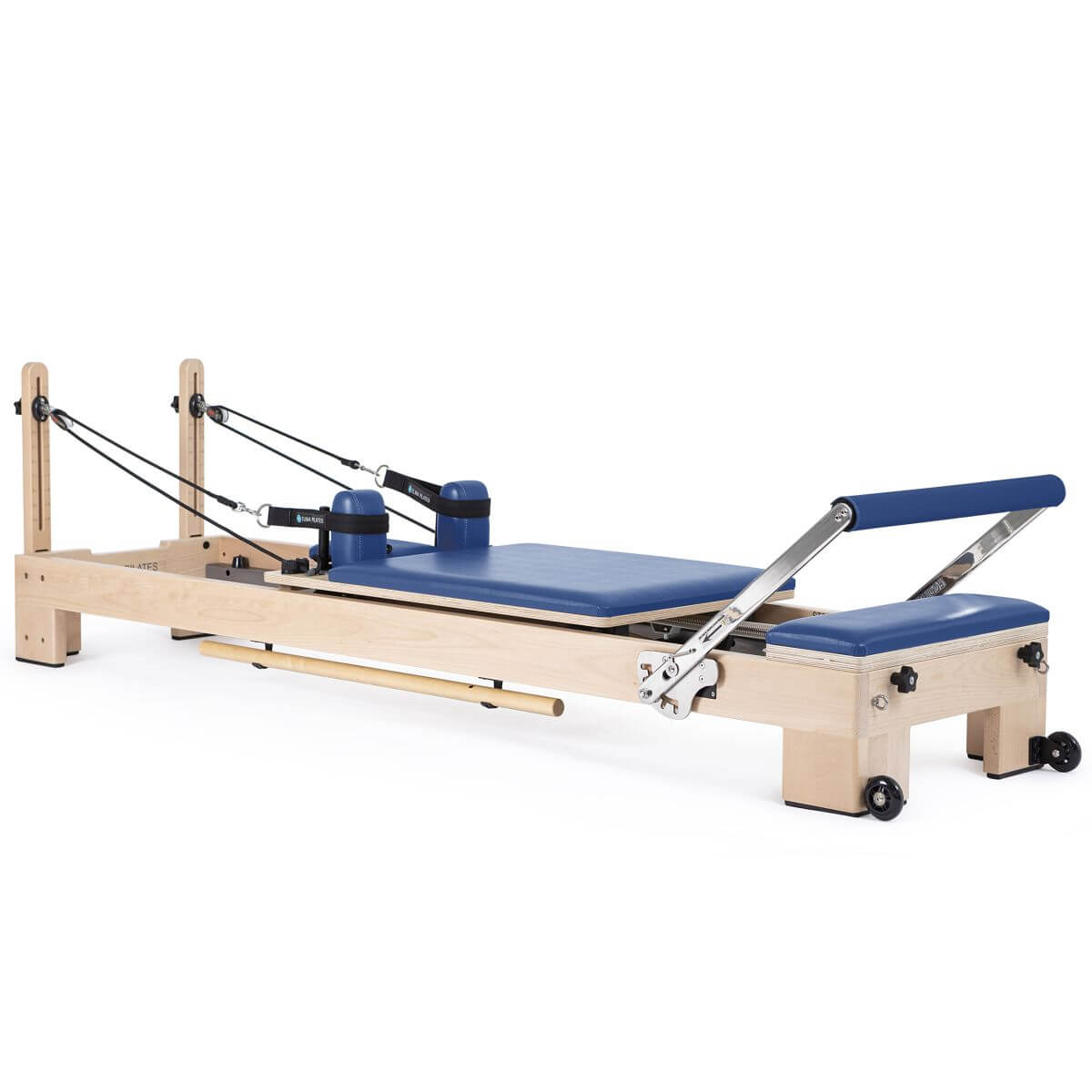Elina Pilates Lignum Reformer in royal blue upholstery, side view on a white background