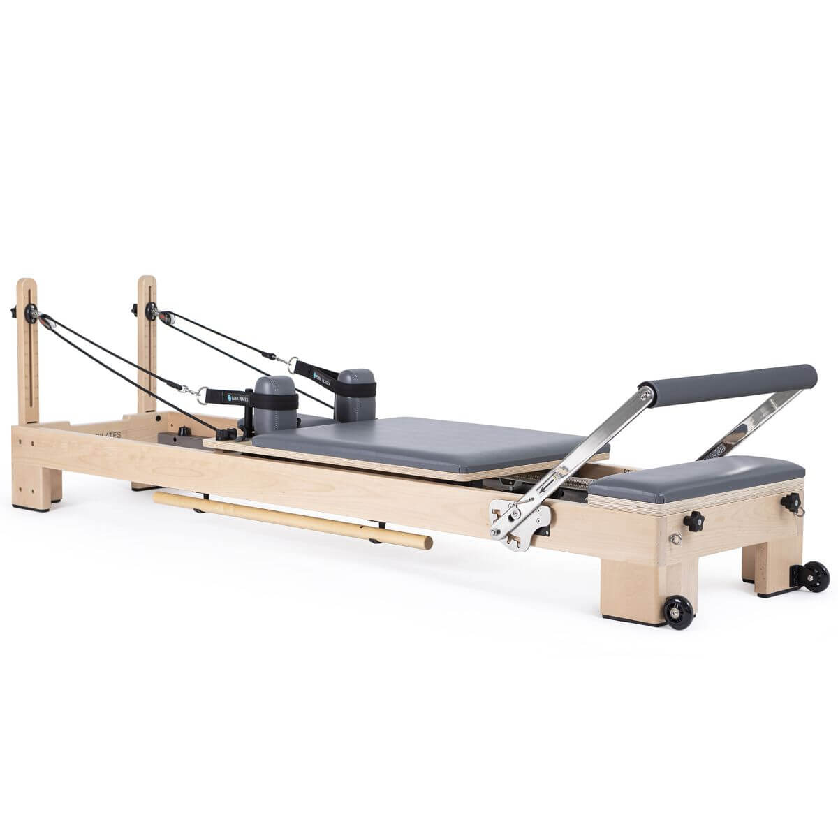 Elina Pilates Lignum Reformer in slate blue upholstery, side view on a white background