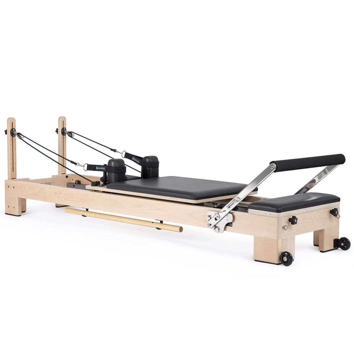 Elina Pilates Lignum Reformer in black upholstery, side view on a white background