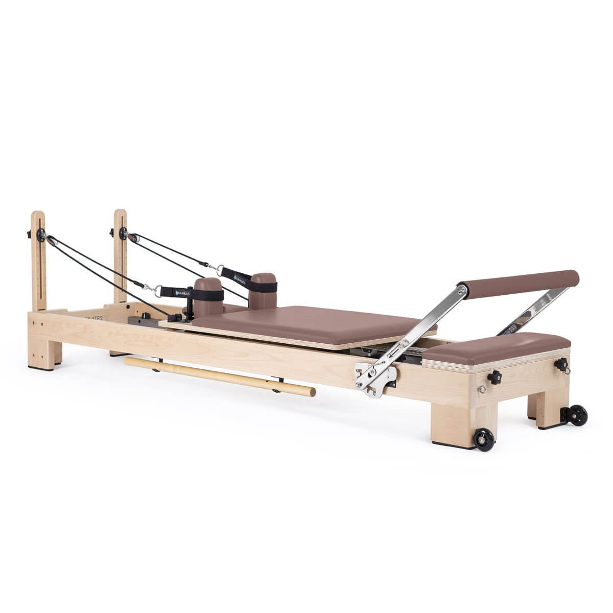 Elina Pilates Lignum Reformer in brown upholstery, side view on a white background