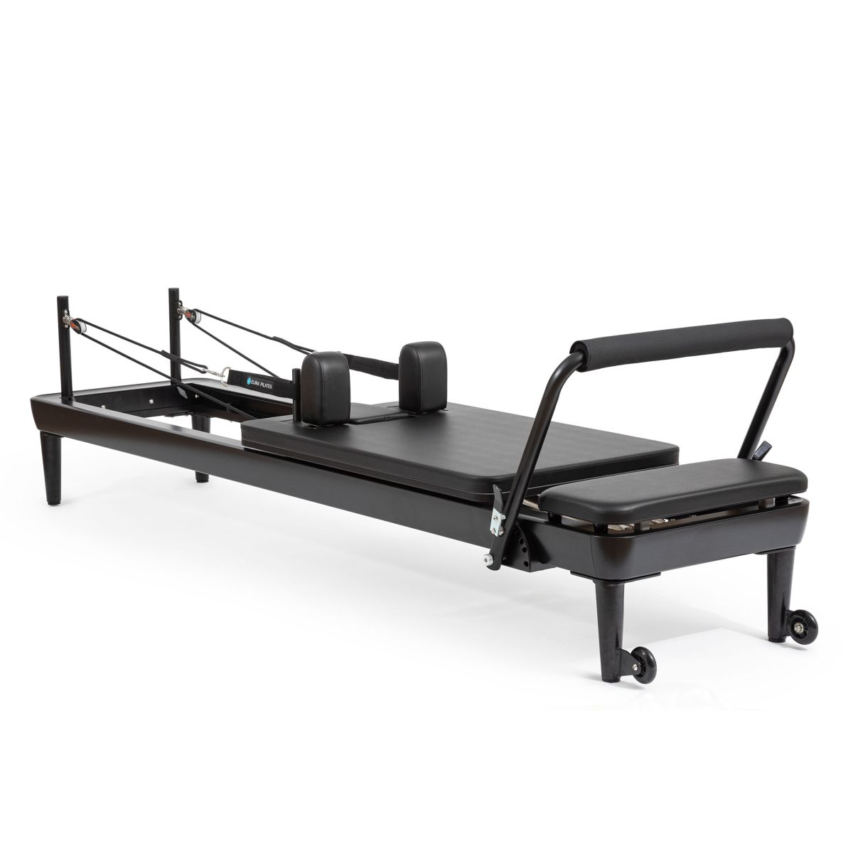 Elina Pilates Nubium Reformer black edition with black upholstery, angled view