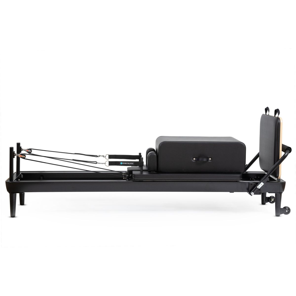 Elina Pilates Nubium Reformer black edition with a grey sitting box on the carriage, side view