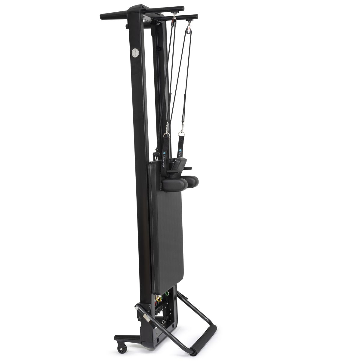 Elina Pilates Nubium Reformer black edition in its vertical storage position