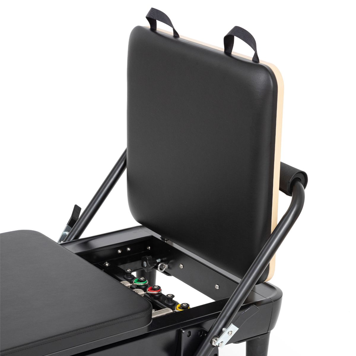 Close-up of the raised backrest and carriage on the Elina Pilates Nubium Reformer black edition