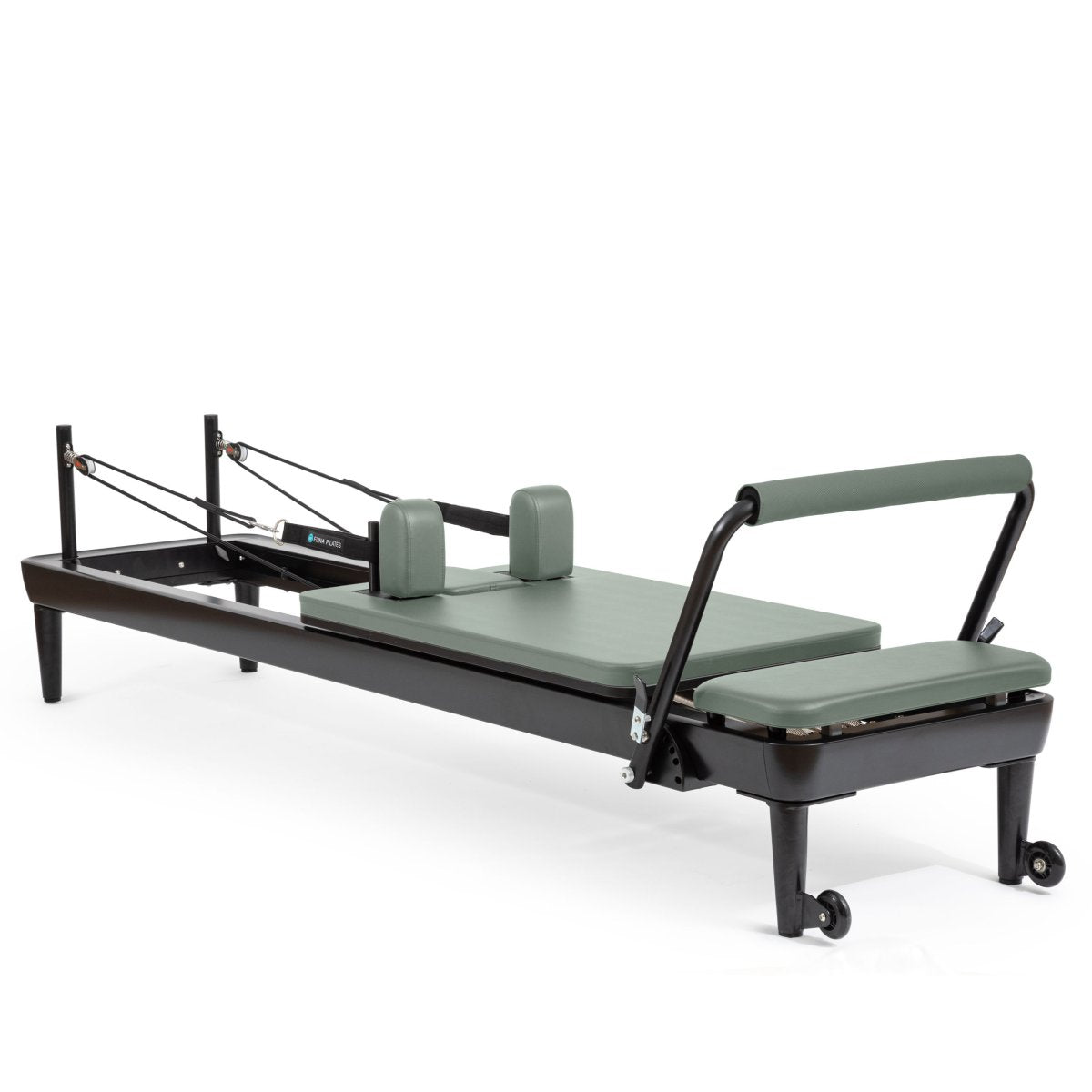 Elina Pilates Nubium Reformer black edition with sage green upholstery, angled view