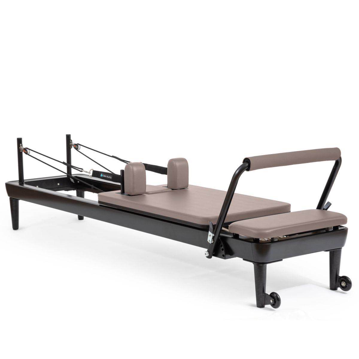 Elina Pilates Nubium Reformer black edition with mocha brown upholstery, angled view