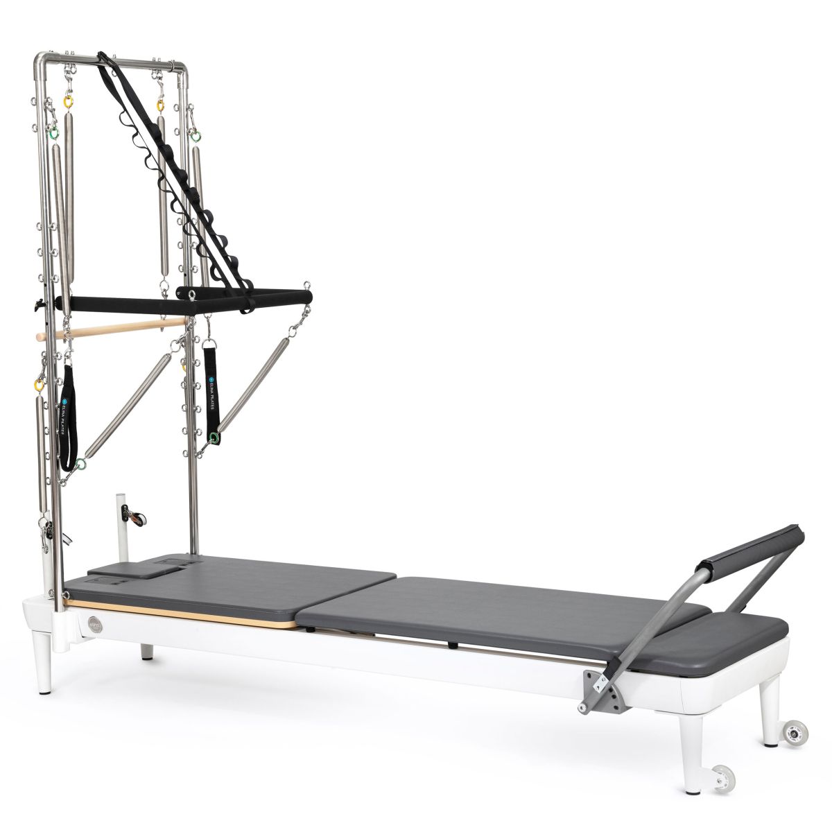 Elina Pilates Nubium Reformer with tower, white frame and grey upholstery