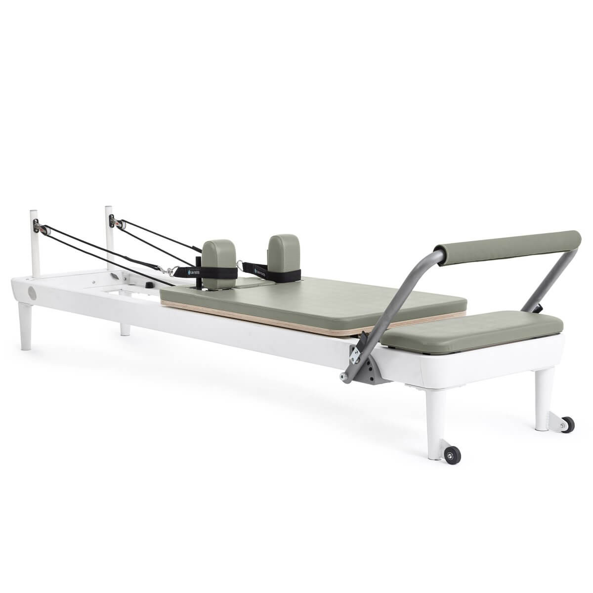 Elina Pilates Nubium Reformer with white frame and grey-green upholstery, side view