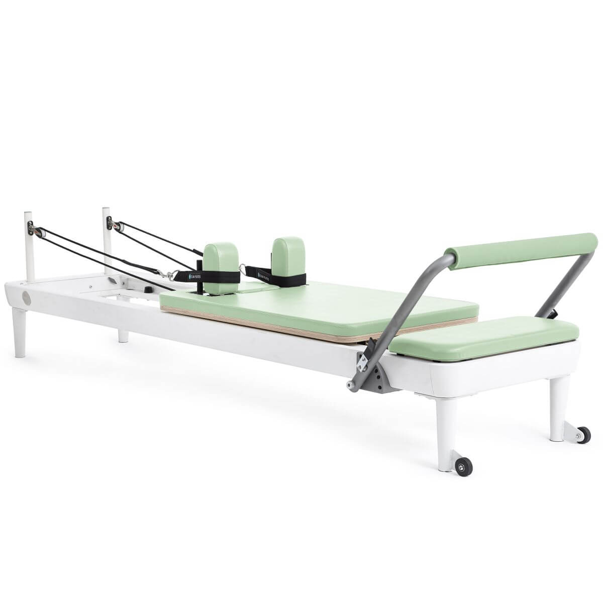 Elina Pilates Nubium Reformer with white frame and mint green upholstery, side view