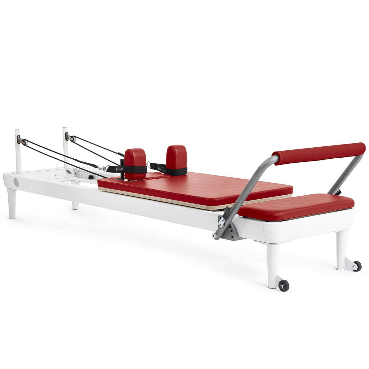 Elina Pilates Nubium Reformer with white frame and red upholstery, side view