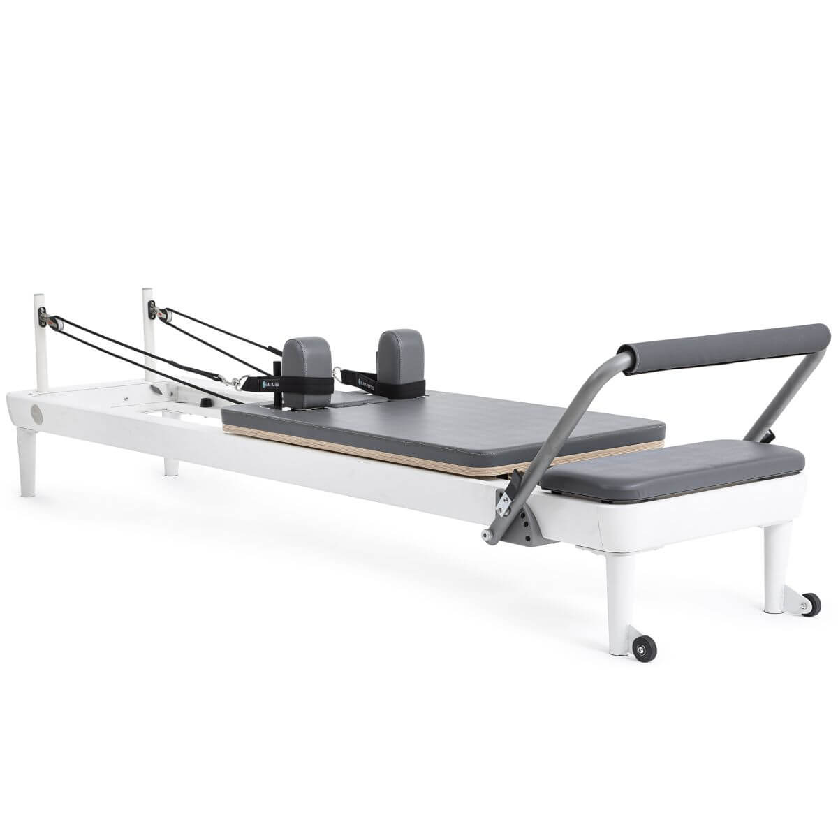 Elina Pilates Nubium Reformer in white with grey upholstery, side view