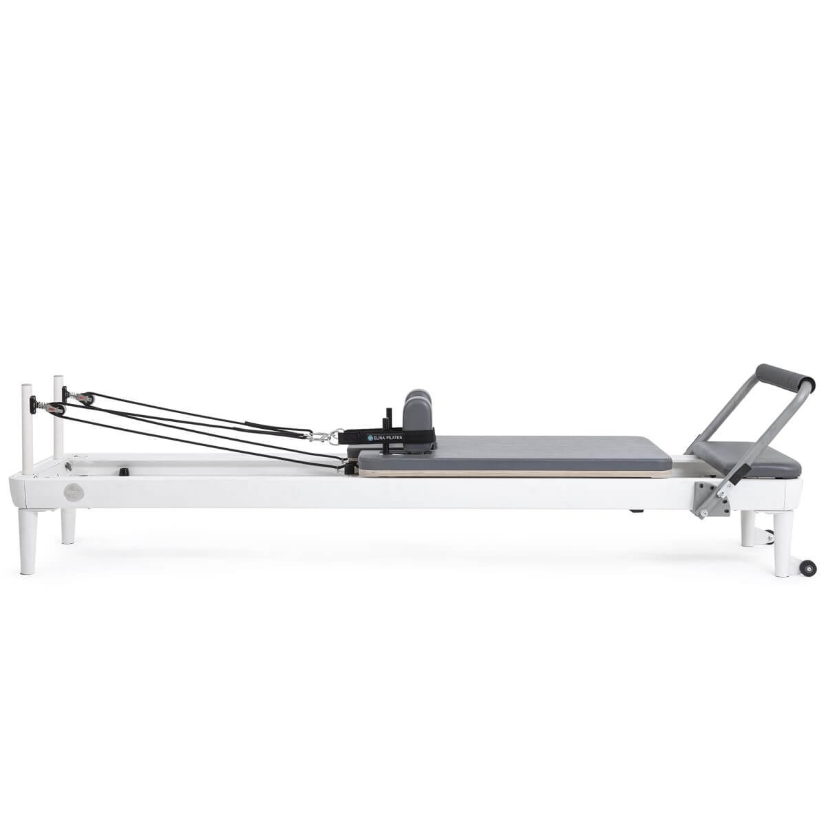 Elina Pilates Nubium Reformer in white with grey upholstery, flat side view