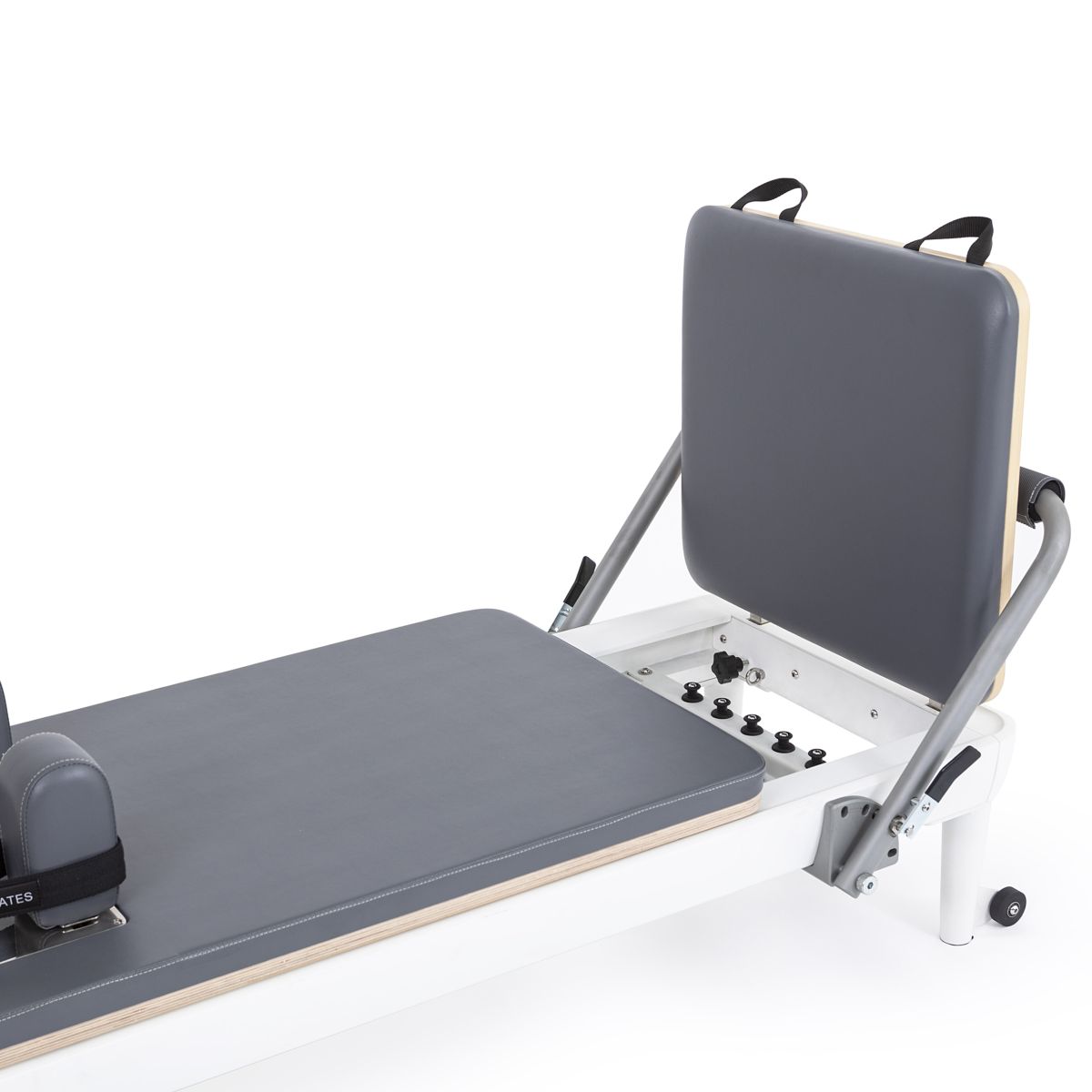 Elina Pilates Nubium Reformer with the padded backrest raised for seated exercises