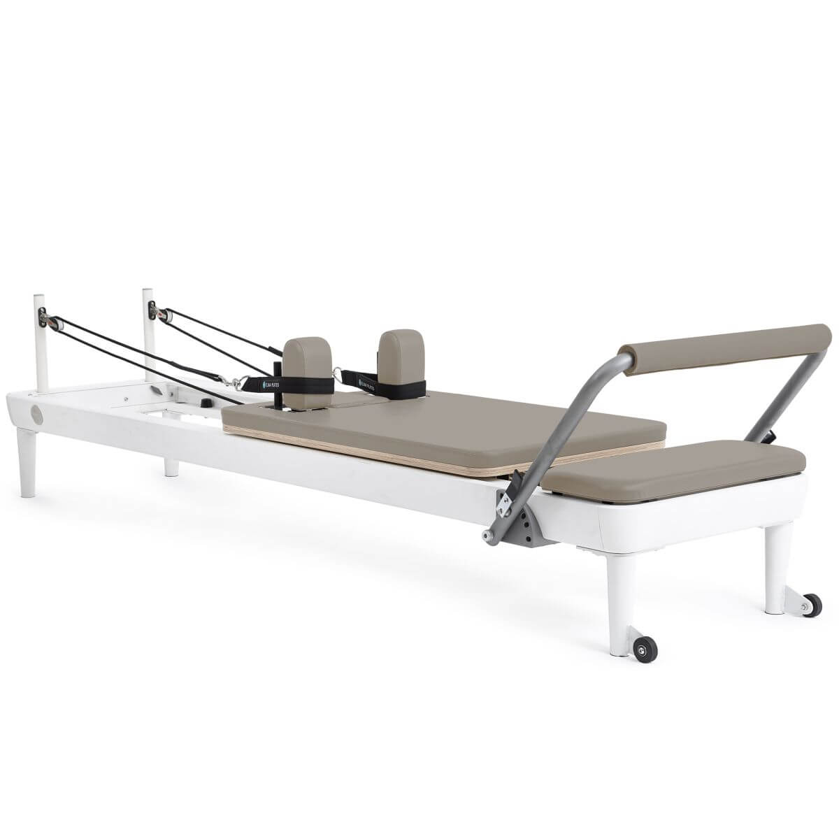 Elina Pilates Nubium Reformer with white frame and taupe upholstery, side view