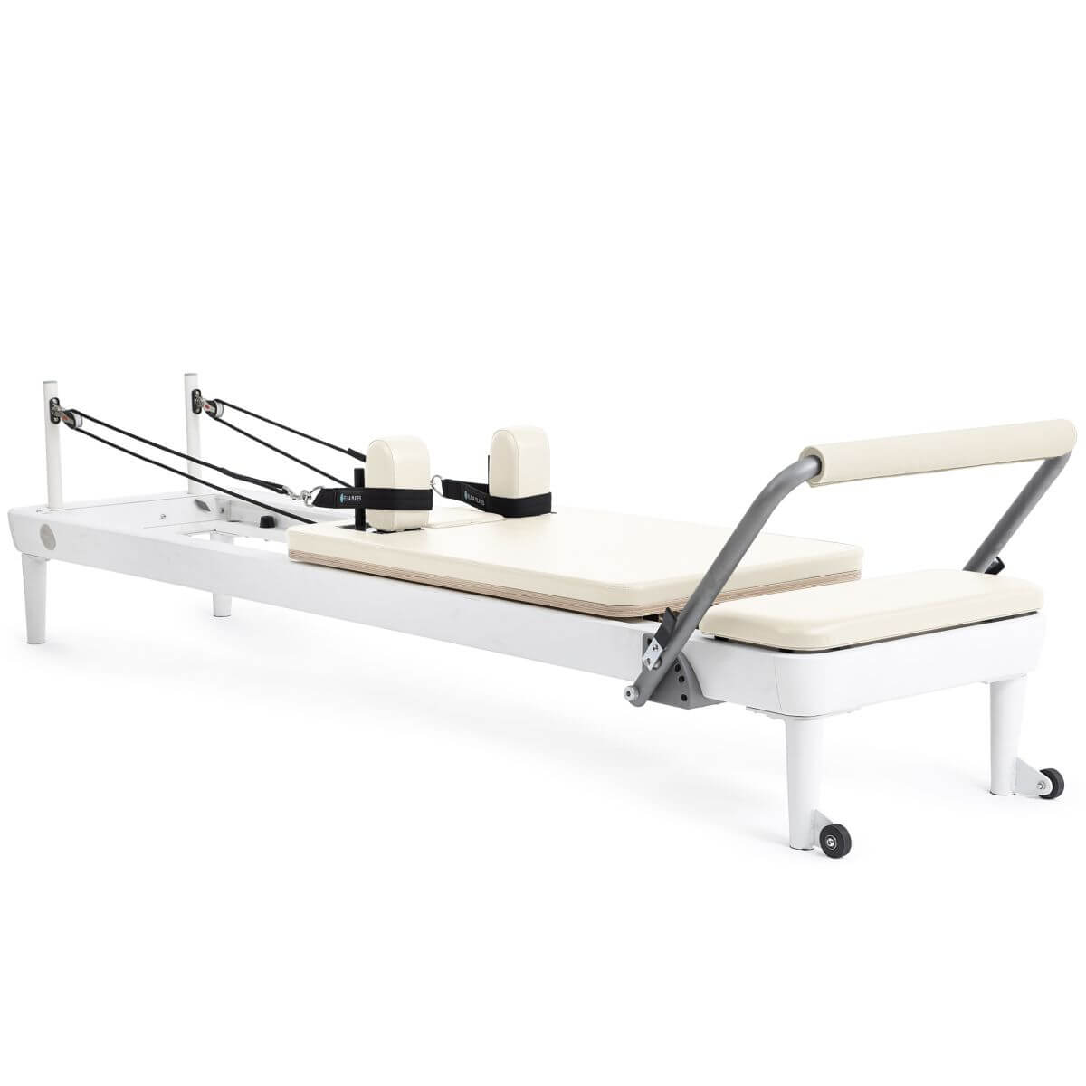 Elina Pilates Nubium Reformer with white frame and cream upholstery, side view