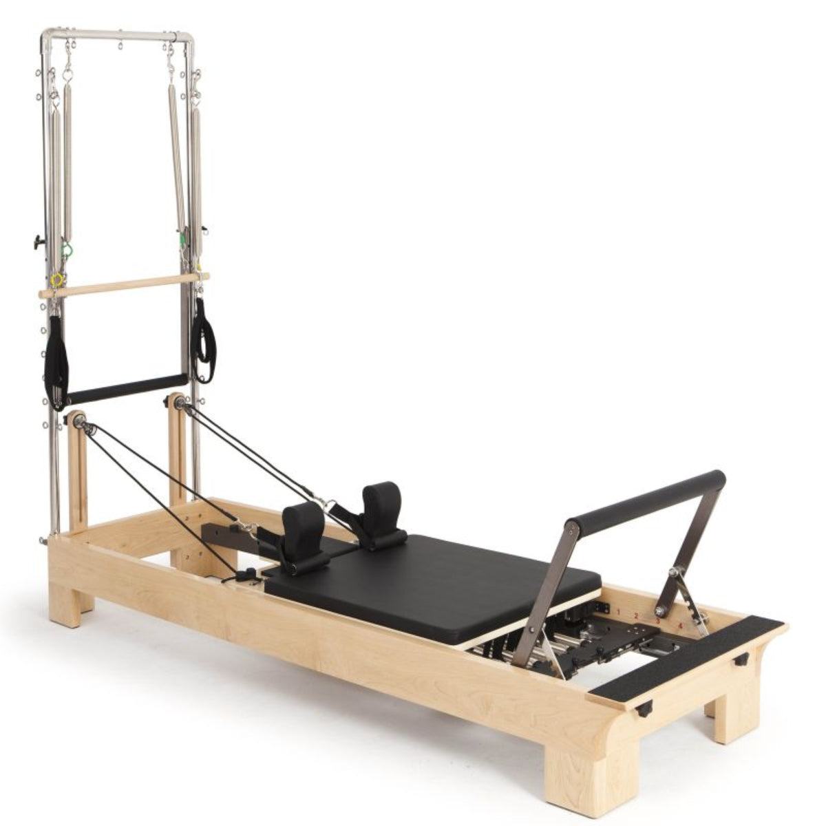 Elina Pilates Wooden Reformer with half trapeze tower and black upholstery