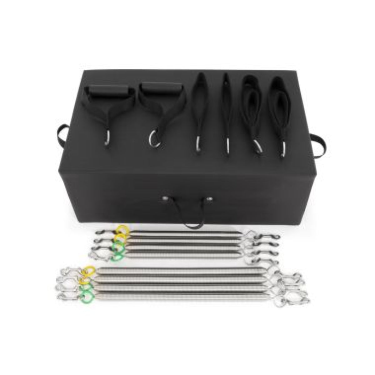 Black storage case with a set of springs for the Elina Pilates Wooden Reformer