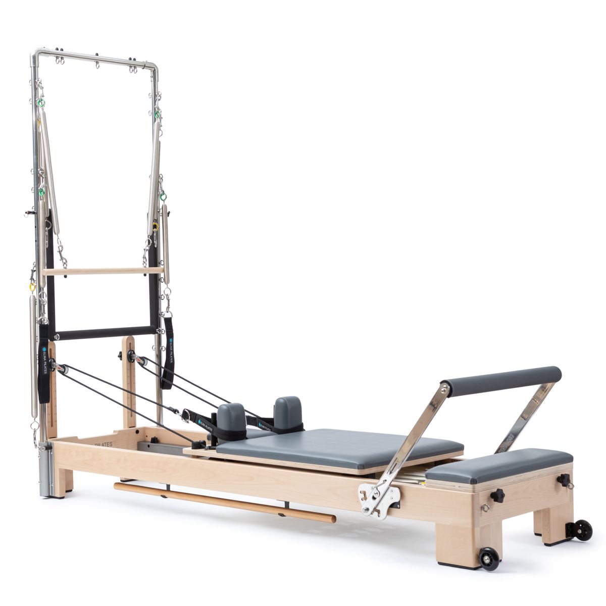 Elina Pilates Lignum Reformer with tower and blue-grey upholstery, side view