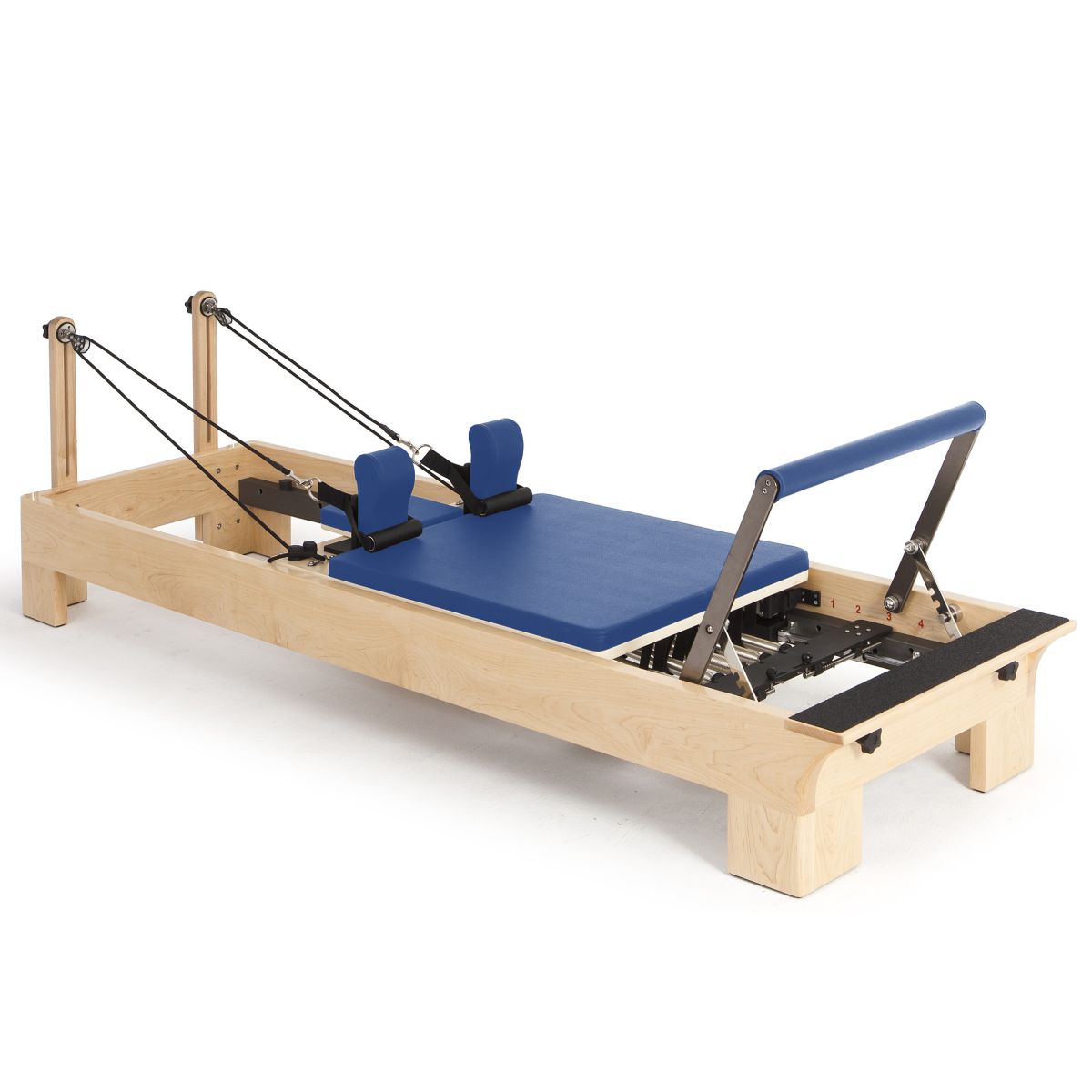 Elina Pilates Wooden Reformer with royal blue upholstery, angled view on a white background