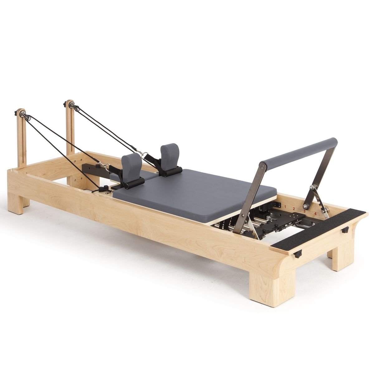 Elina Pilates Wooden Reformer with slate grey upholstery, angled view on a white background