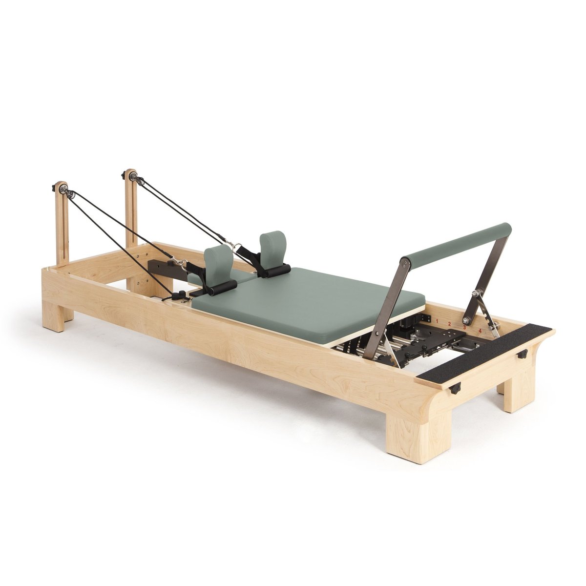 Elina Pilates Wooden Reformer with grey-green upholstery, angled view on a white background