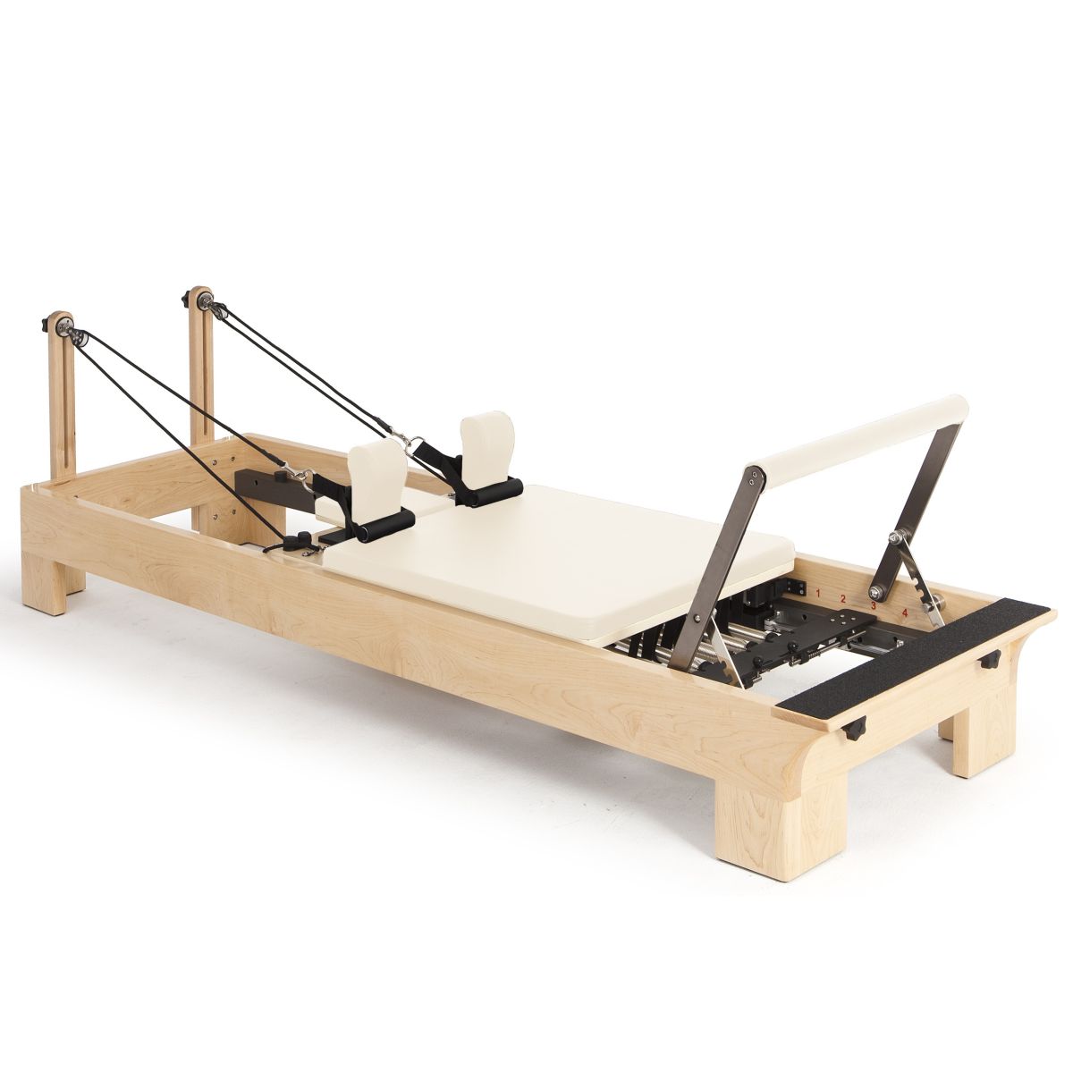 Elina Pilates Wooden Reformer with cream upholstery, angled view on a white background